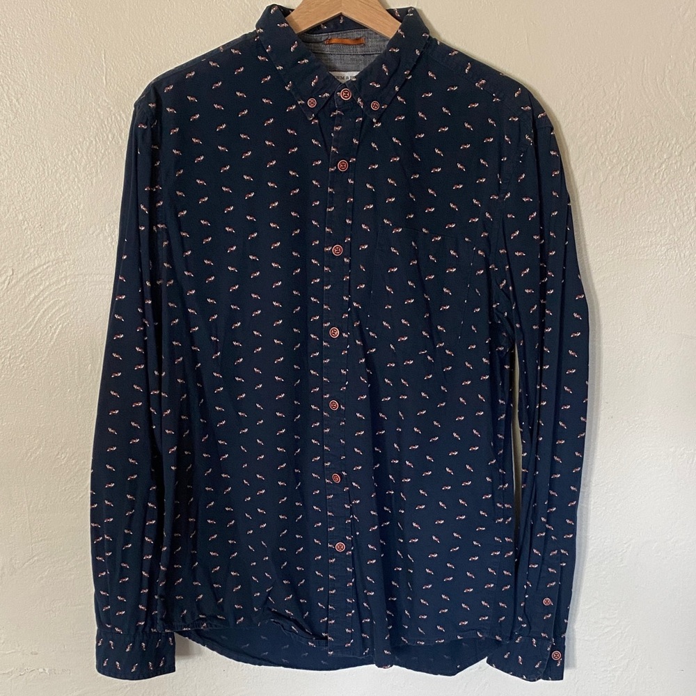 Denim & Flower Mens Large Dress Shirt Navy Fox Patterned